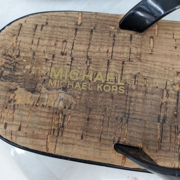 Michael Michael Kors Brown Black T Strap Gold Emblem Slip On Sandals Size 10 - Picture 8 of 8